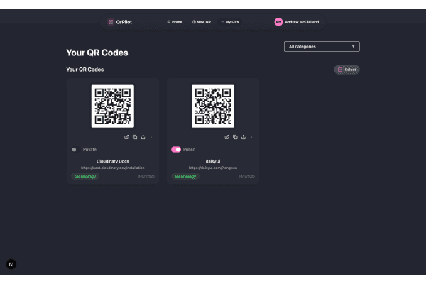 QRPilot dashboard showing saved QR codes grouped by category.
